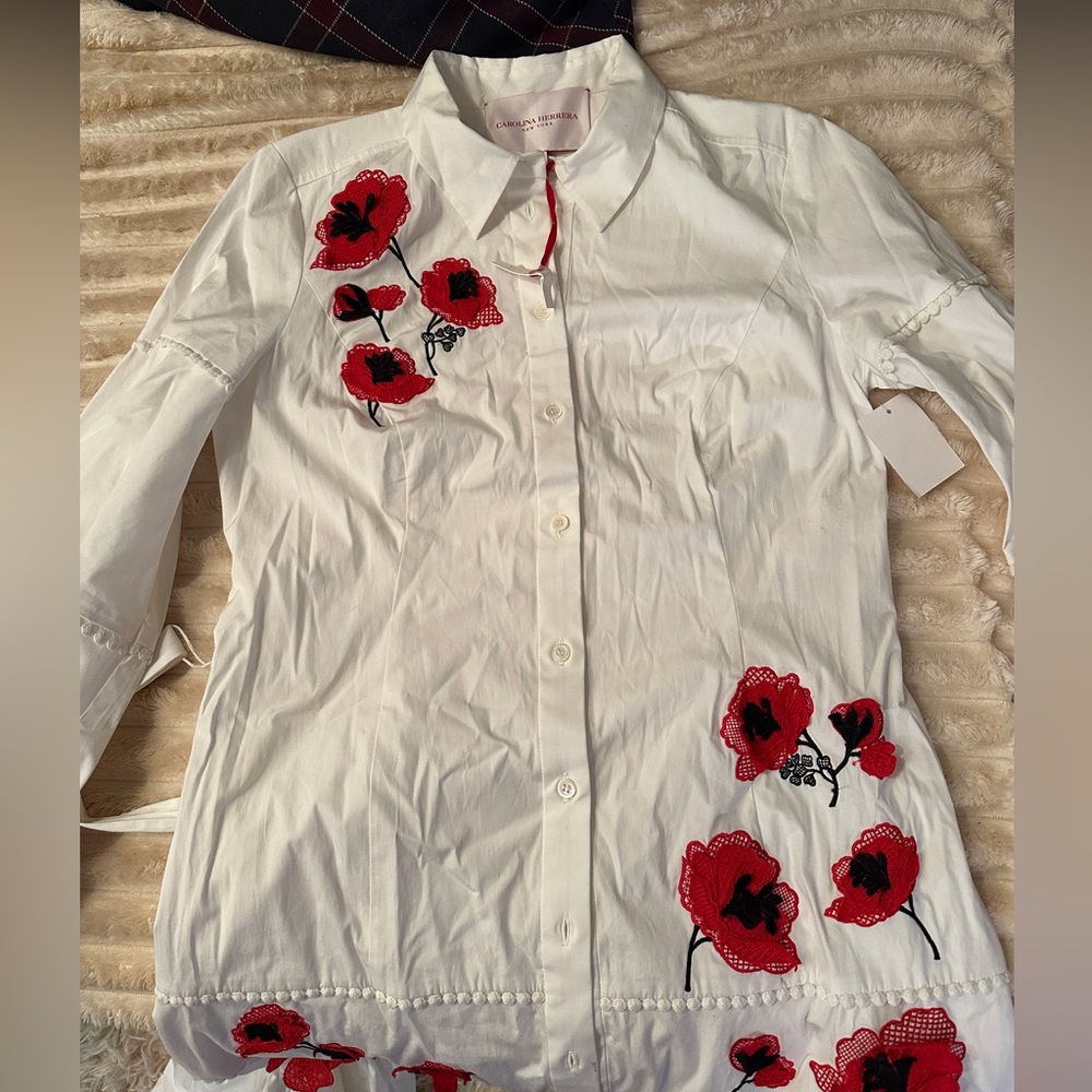 New Carolina Herrera Embroidered Midi Shirt Dress Size 8 - Picture 4 of 10